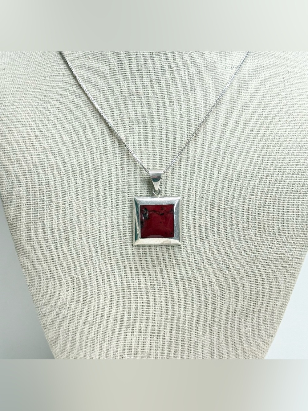 Athra Trading ATI sterling silver and red jasper square pendant necklace